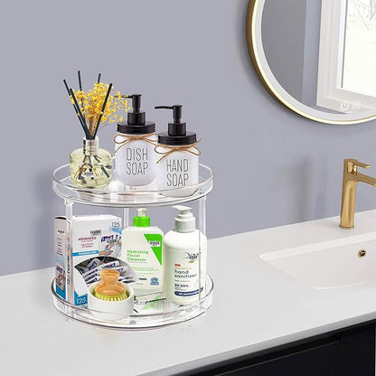 2 Tier Lazy Susan Bathroom Organizer, 9.25Inch Clear 360 Rotating Makeup Organizer for Vanity, Skincare Organizers Perfume Or