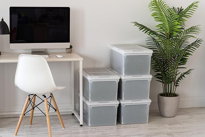 IRIS USA File Box, File Organizer w/Hinged Split Lid for Letter File, Important Document Box, Plastic Storage Filing Bin for 