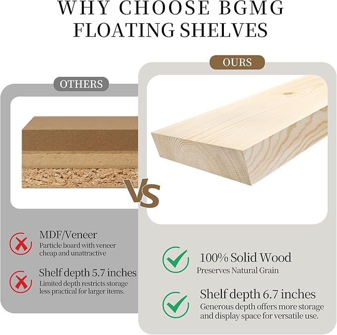 BGMG Small Wood Floating Shelves for Wall 8 inch Set of 2, Rustic Wooden Wall Mount Shelves for Living Room Bedroom Kitchen F