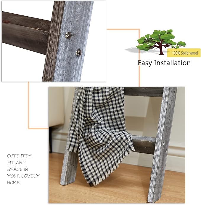 FUIN 5ft (58") Wood Blanket Ladder Living Room Decorative Wall Leaning Farmhouse Quilt Display Holder Rustic Wooden Towel Rac
