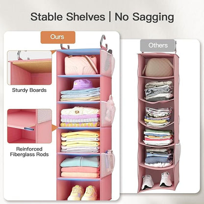 Pipishell Hanging Closet Organizer 6-Shelf, Hanging Shelves for Closet with 3 Removable Drawers & Side Pockets for Bedroom, G