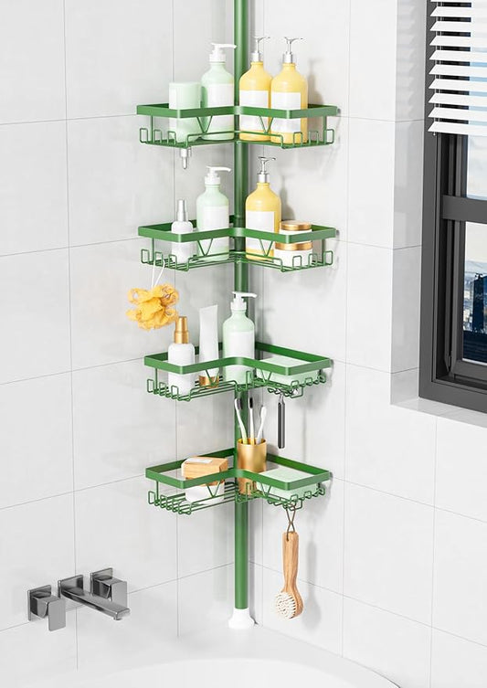 KEGII Shower Caddy Tension Pole, 4-Tier Rustproof Adjustable Corner Bathroom Organizer for Renters, 25–114.2 Inch No Drill Sp