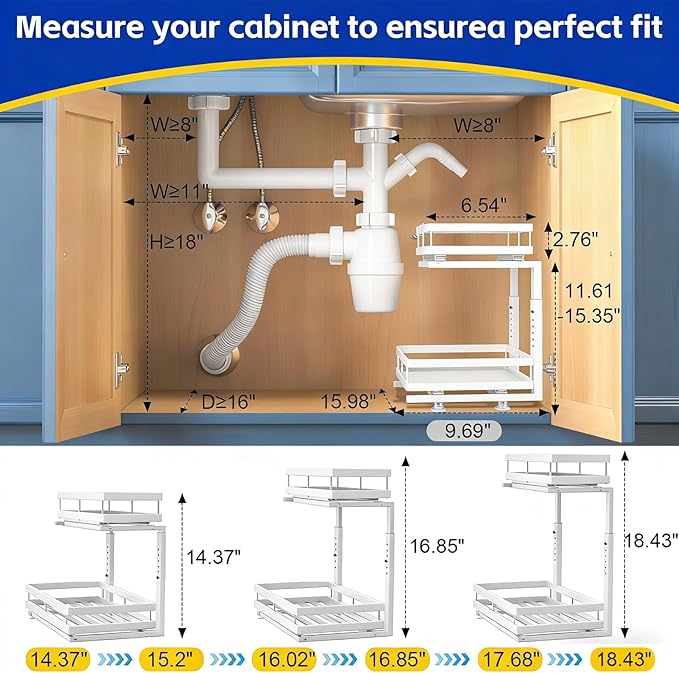 Under Sink Organizer, Dual-Rail Ball-Bearing, Under Kitchen Sink Organizer, 6-Level Adjustable, Under Cabinet Organizer, No-D