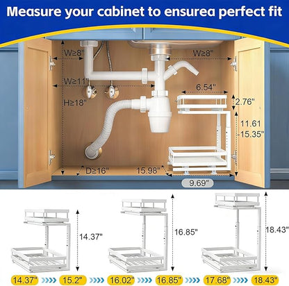 Under Sink Organizer, Dual-Rail Ball-Bearing, Under Kitchen Sink Organizer, 6-Level Adjustable, Under Cabinet Organizer, No-D