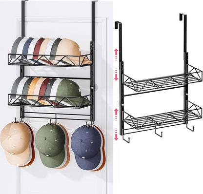 SWTYMIKI Over Door Hat Organizer - 3 Tier Wall Mounted Hat Rack with 2 Adjustable Metal Basket and 3 Hooks, Hanging Baseball 