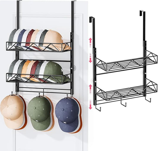 SWTYMIKI Over Door Hat Organizer - 3 Tier Wall Mounted Hat Rack with 2 Adjustable Metal Basket and 3 Hooks, Hanging Baseball 