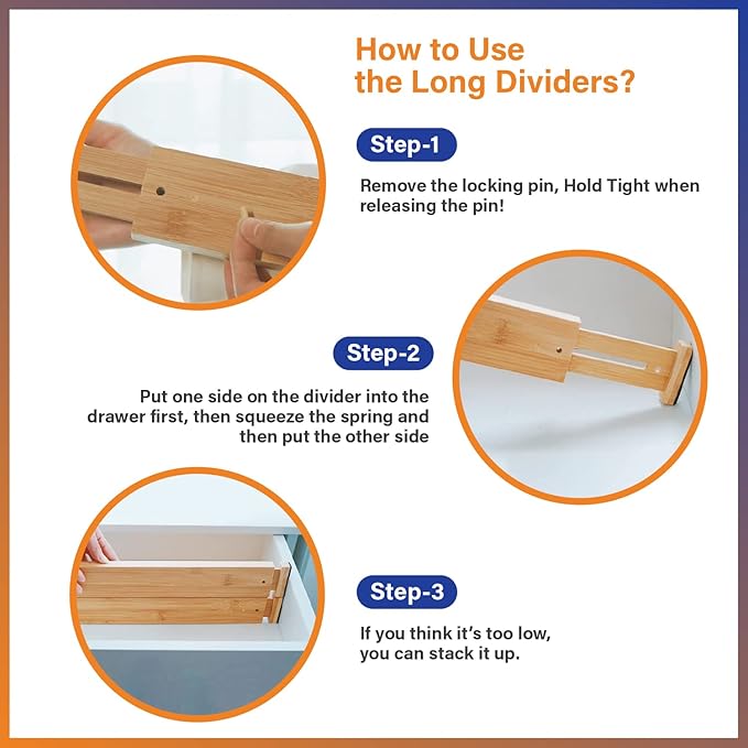 Adjustable Bamboo Drawer Dividers for Clothes, Kitchen Utensils, Office Desks, Bathroom Accessories, Socks and Underwear, and