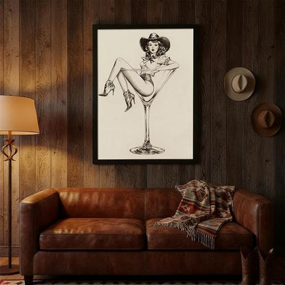 Vintage Western Black Framed Wall Art Coquette Cowgirl Martini Posters Prints 20x30 in Retro Bar Cart Cocktail Artwork Aesthe