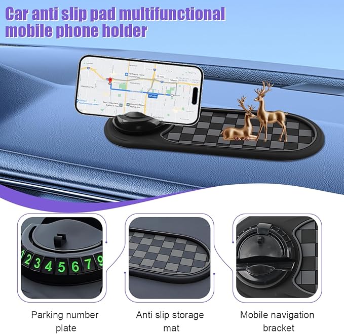 Multifunctional Car Anti-Slip Pad, 3 in 1 Rotatable Non-Slip Vehicle Dashboard Mat with Phone Holder & Temporary Parking Numb