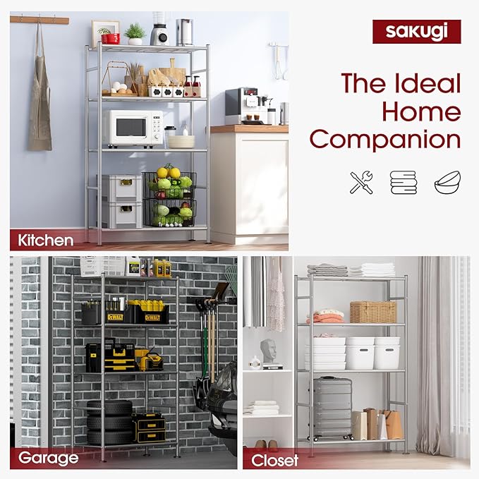 Sakugi Storage Shelves - 4 Tier Shelf Organizer, Heavy Duty Garage Shelving Unit with Leveling Feet, Stable Metal Shelves Org