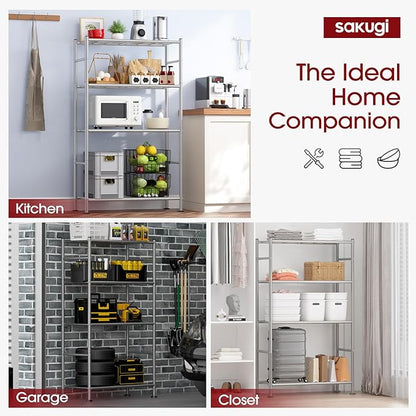 Sakugi Storage Shelves - 4 Tier Shelf Organizer, Heavy Duty Garage Shelving Unit with Leveling Feet, Stable Metal Shelves Org