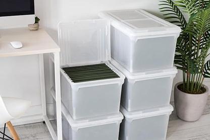 IRIS USA File Box, File Organizer w/Hinged Split Lid for Letter File, Important Document Box, Plastic Storage Filing Bin for 