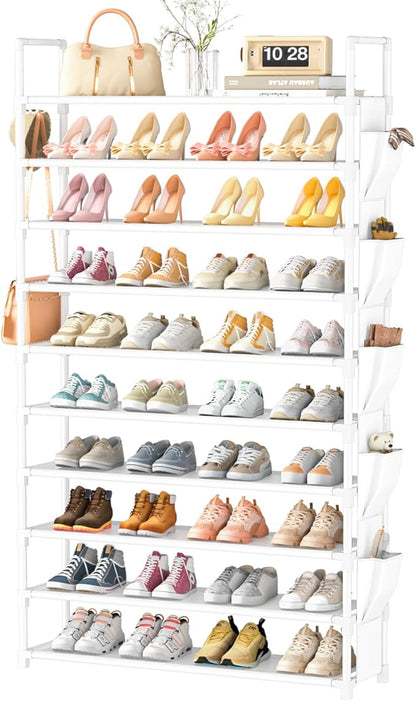 LUKYTOWER Tall Shoe Rack 10 Tier Shoe Racks Organizer for Closet 40-45Pairs,Large Capacity Storage Rack for Shoes with 5Hooks