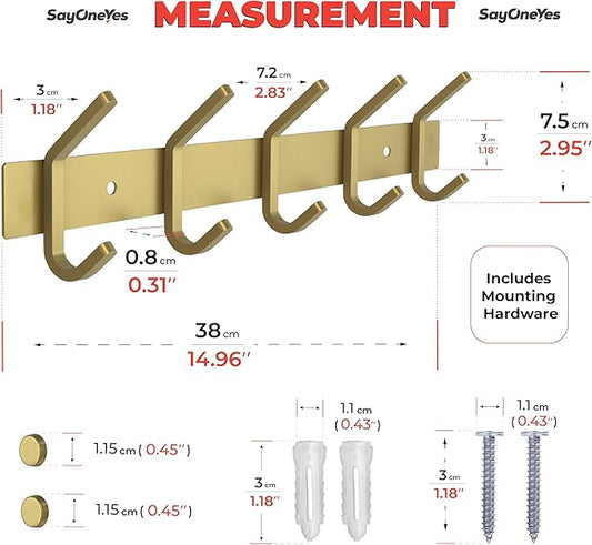 Brushed Gold Wall Mounted Coat Rack – 15 Inch Stainless Steel Rail with 5 Double Coat Hooks for Entryway, Bathroom, Bedroom, 