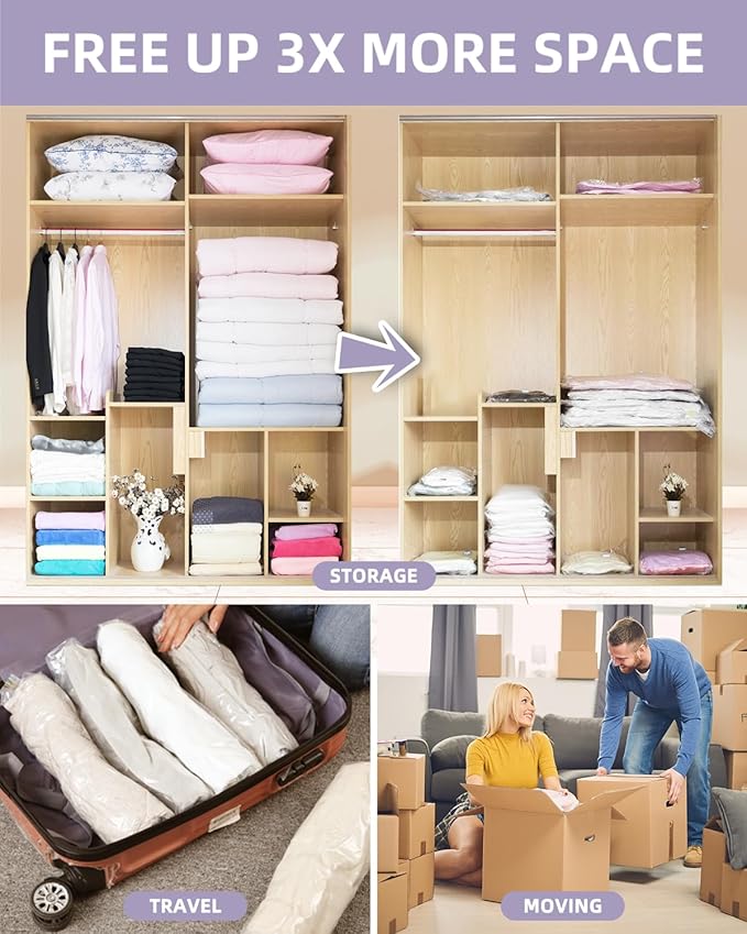 Vacuum Storage Bags for moving, Vacuum Seal Bags for Memory Foam, Latex, Clothing & Bedding, Space Saver Bags for Organizatio