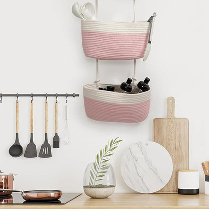 TeoKJ Over the Door Hanging Basket, 3-Tier Woven Cotton Wall-Mounted Storage Organizer Bag Decorative Hanging Nursery Baskets
