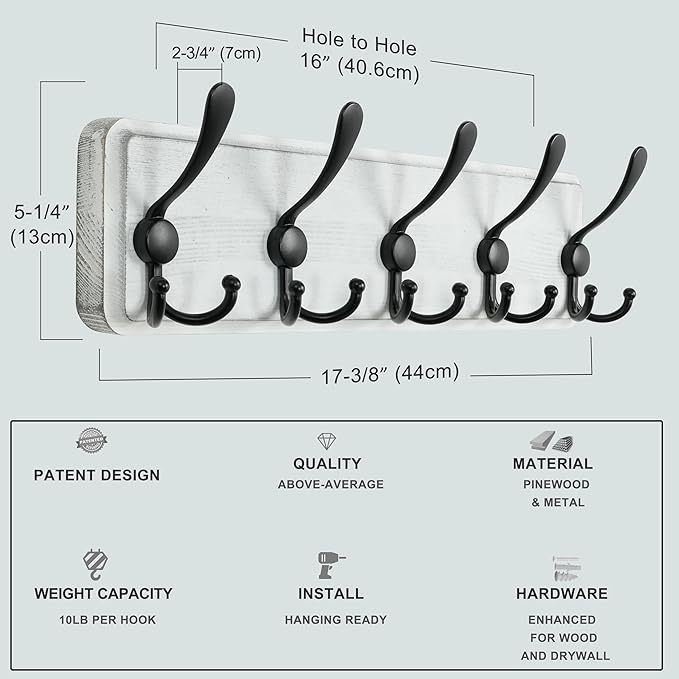 Dseap Coat Rack Wall Mounted - 5 Tri Hooks, Heavy Duty, Wooden Wall Coat Hanger Coat Hook for Clothes Hat Jacket Clothing, Wh