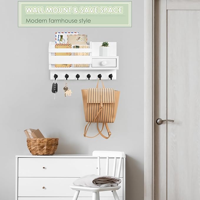 VIS'V Key Holder Wall Mount, Wooden Mail and Key Organizer with Drawer and Shelf, 2 Slots, 6 Hooks, White