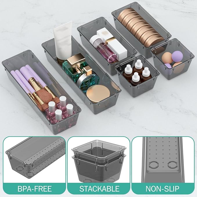 WOWBOX 9 Pack Clear Drawer Organizer Set, Acrylic Drawer Storage Trays, Storage Bins for Makeup, Cosmetics, Jewelries, Utensi
