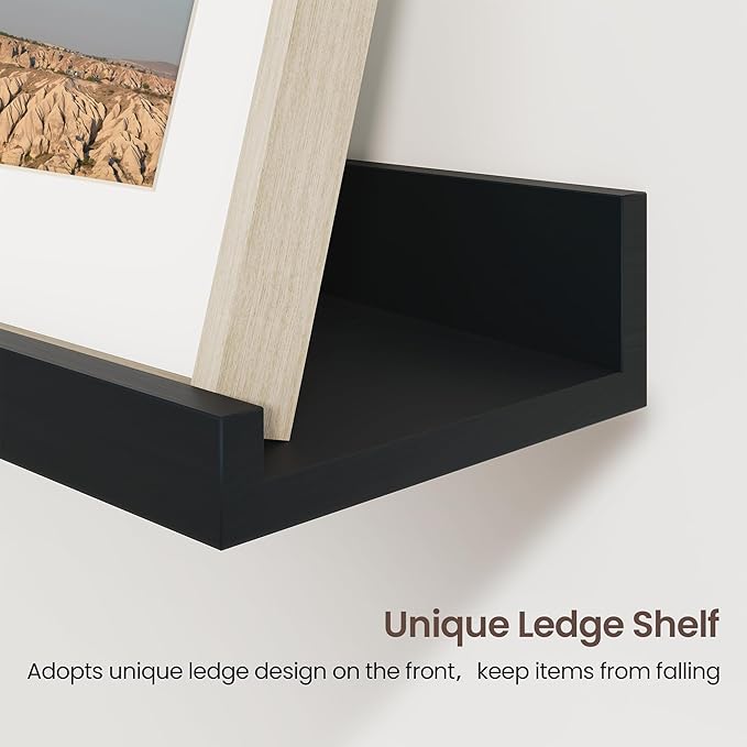 Axeman Picture Ledge Shelf | 16 Inch Black Floating Shelves Set of 3 | Rustic Wood Wall Shelves with Lip | 16" Black Picture 