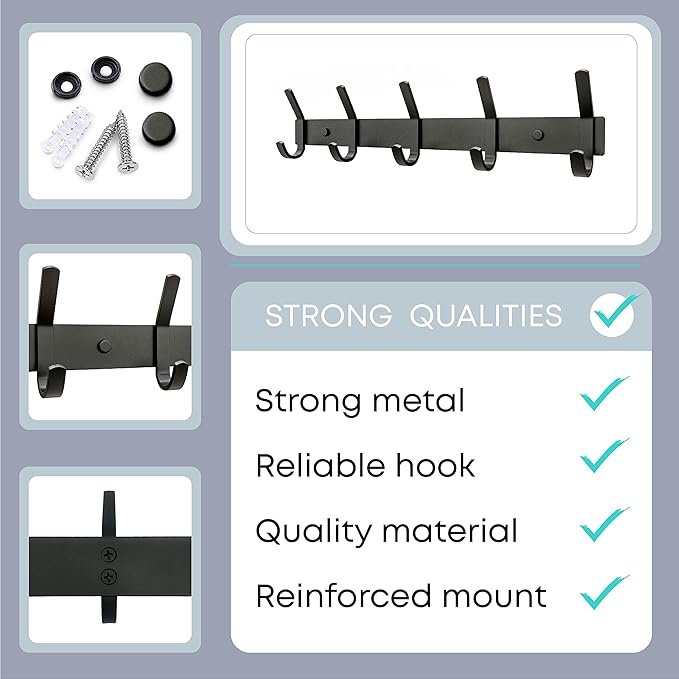 Matte Black Coat Rack Wall Mount – 15 Inch Stainless Steel Hook Rail with 5 Double Coat Hooks – Wall Mounted Entryway Organiz