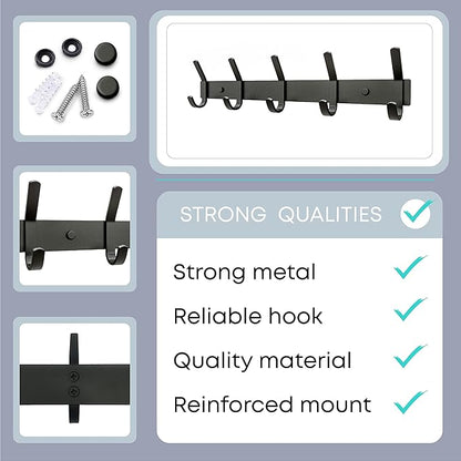 Matte Black Coat Rack Wall Mount – 15 Inch Stainless Steel Hook Rail with 5 Double Coat Hooks – Wall Mounted Entryway Organiz