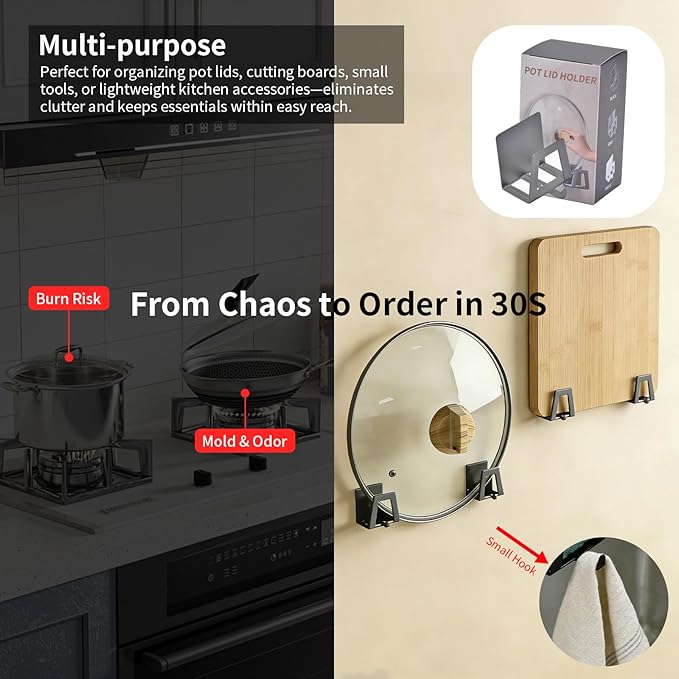 4 Pack Pot Lid Holders with Hook, Pot and Pan Hangers for Kitchen Inside Cabinet Wall Mount Rack Cabinet Door Lid Organizer, Save More Space, Grey