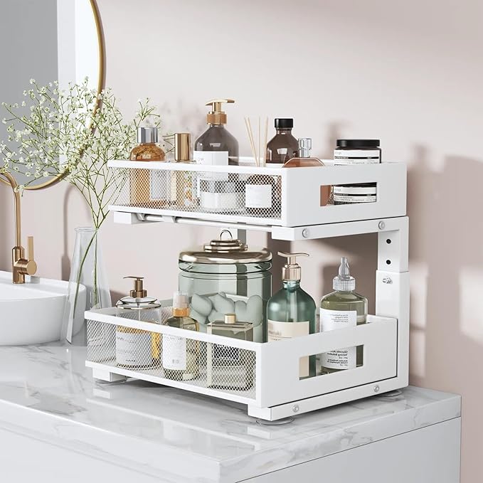 Under Sink Organizer, 2-Tier Dual Pull Out Cabinet Organizer Drawers With Smooth Circular Rail, Large Capacity Metal Mesh Sli