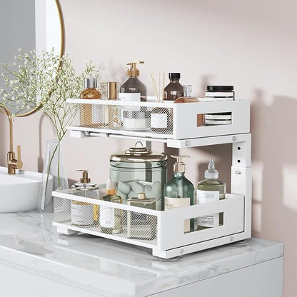 Under Sink Organizer, 2-Tier Dual Pull Out Cabinet Organizer Drawers With Smooth Circular Rail, Large Capacity Metal Mesh Sli
