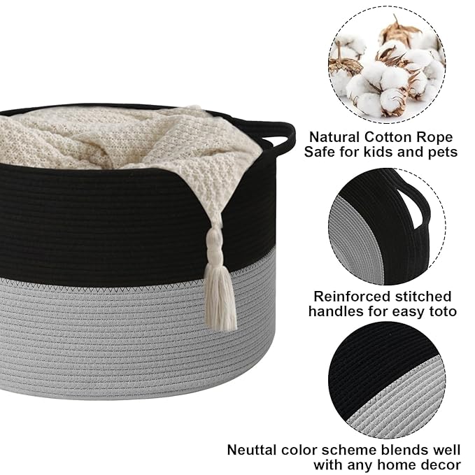 65L Large Blanket Basket, 19.7" L x 19.7" W x 13" H Rope Woven Storage Basket,Laundry Hamper for Toys, Clothes, Pillows,Towel