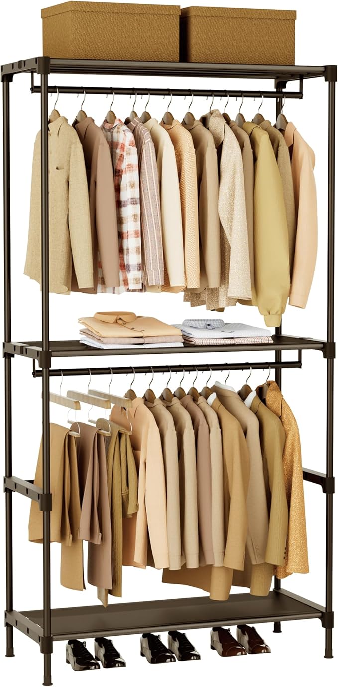 CASAMAYA Clothes Rack, Portable Closet, 27.6 Inch Wardrobe Closet, Clothes Storage Organizer with Shelves and 2 Hanging Rods,