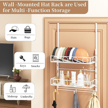Over Door Hat Organizer 3 Tier Wall Mounted Hat Rack with 2 Adjustable Metal Basket and 3 Hooks Hat Organizer for Baseball ca
