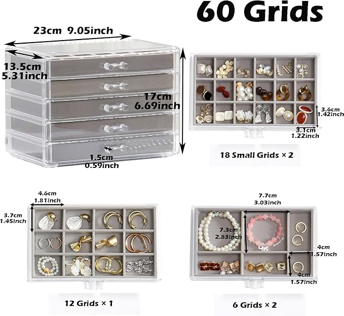 YUFONG Jewelry Organizer with 5 Drawers Clear Acrylic Earring Display Case Velvet Jewelry Storage Box Display Holder for Earr