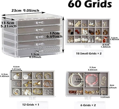 YUFONG Jewelry Organizer with 5 Drawers Clear Acrylic Earring Display Case Velvet Jewelry Storage Box Display Holder for Earr