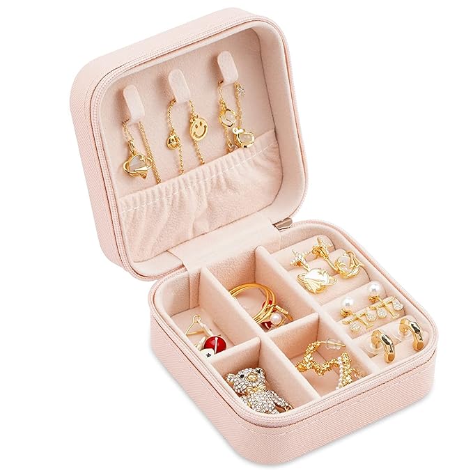 Neveika 2pcs Portable Travel Mini Jewelry Box Leather Jewellery Ring Organizer Case Storage Gift Box Girls Women (pink).