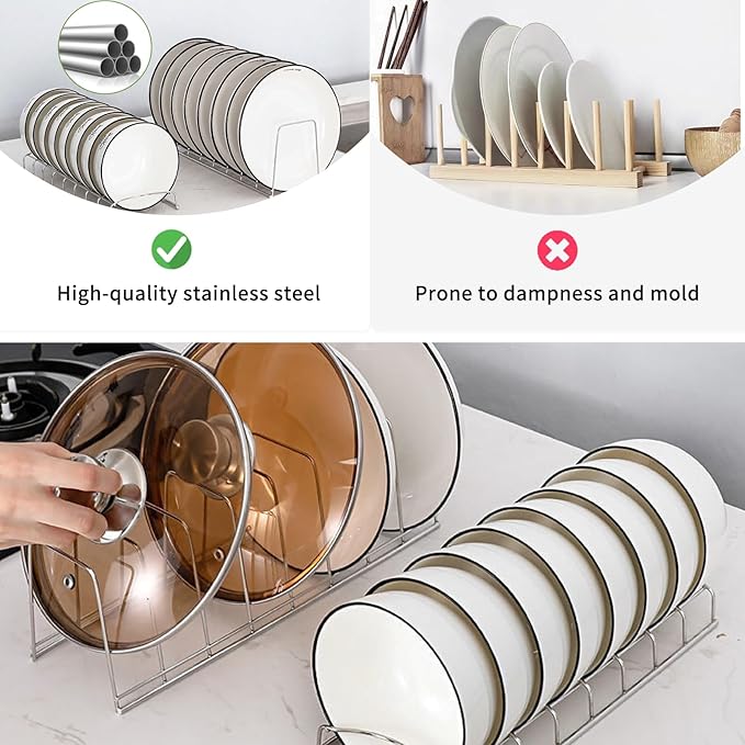 4 Pack Pot Lid Organizer for Cabinet with Plate Drying Rack, Stainless Steel Pot Lid Holder for Kitchen, Small Dish Drainer, Serving Trays Container, Counter Storage Shelf for Pans Pots Cutting Boards