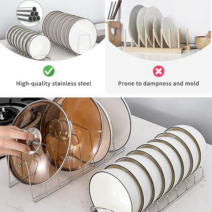 4 Pack Pot Lid Organizer for Cabinet with Plate Drying Rack, Stainless Steel Pot Lid Holder for Kitchen, Small Dish Drainer, Serving Trays Container, Counter Storage Shelf for Pans Pots Cutting Boards