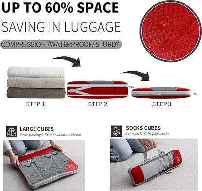 9-Set Packing Cubes with Hanging Bag | 9-Size Combination, Mesh Fabric & Reflective Stripe | Travel Luggage Organizers (Red)