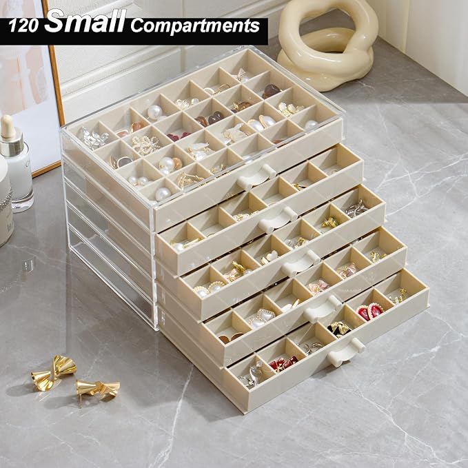 YUFONG Earring Storage Box Organizer, Acrylic Jewelry Storage Box Holder 5 Drawers Transparent Jewelry Display Stand with 120