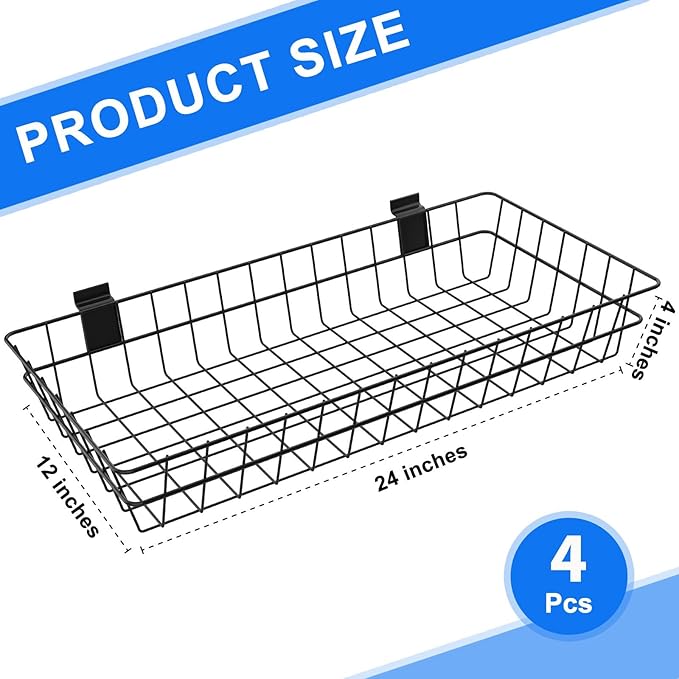 4 Pack Extra Large Slatwall Baskets, 24" x 12" x 4" Slatwall Panel Hanging Wire Basket for PVC Slatwall Ventilated Metal Slat