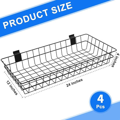 4 Pack Extra Large Slatwall Baskets, 24" x 12" x 4" Slatwall Panel Hanging Wire Basket for PVC Slatwall Ventilated Metal Slat