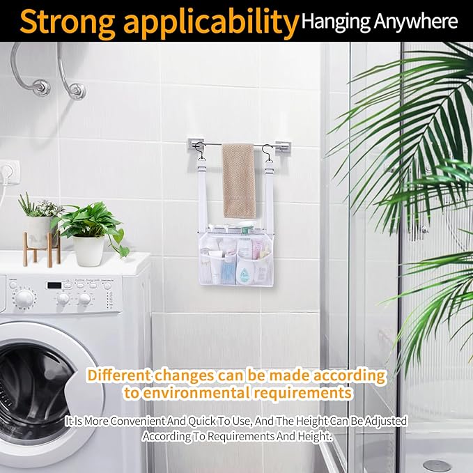 4 Storage Pockets Adjustable Hanging Mesh Bathroom Bag, Shower Caddy College with Hooks, Applied to College Dorm Rooms, Gym, 