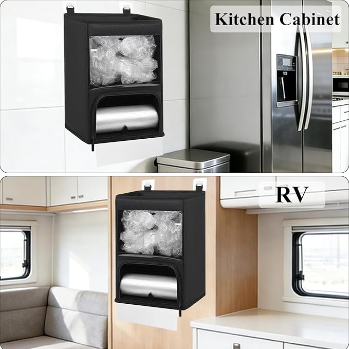 2-in-1 Plastic Bag Holder with Clear Window, Large Grocery Bag Holder and Trash Bag Dispenser with Easy-Access Openings, Plastic Bag Organizer for Kitchen RV Cabinet Wall Mounted (Black）