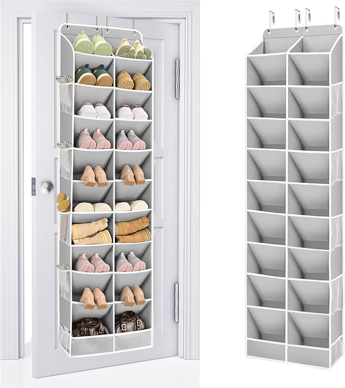 ULG Over The Door Shoe Organizer for Closet Fit 24-32 Pairs with Large Deep Pockets, Narrow Shoe Rack for Door Hanging Boots 