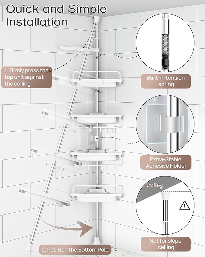 ALLZONE Rustproof Shower Caddy Corner for Bathroom, Tension Corner Shower Caddy Tension Pole, Solid Shower Organizer with 4 A