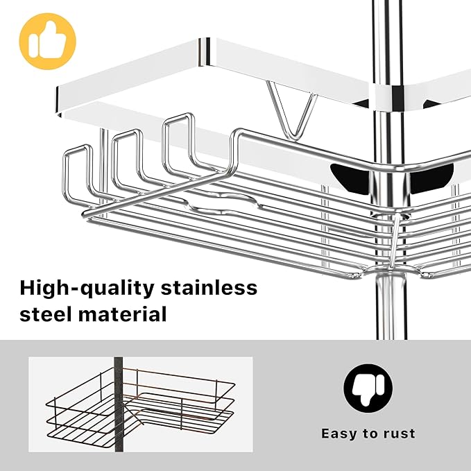 KEGII Corner Shower Caddy Tension Pole - Chrome 4-Tier Adjustable Shower Tension Rod Organizer with Hooks & Soap Holders, 25-