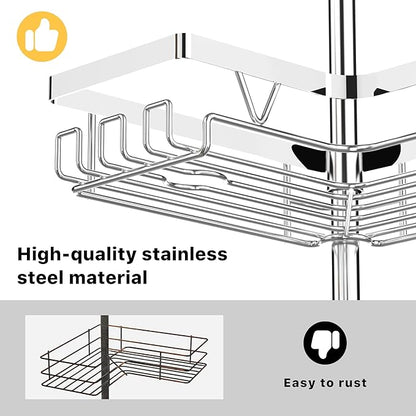 KEGII Corner Shower Caddy Tension Pole - Chrome 4-Tier Adjustable Shower Tension Rod Organizer with Hooks & Soap Holders, 25-