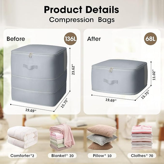 2 Pack Comforter Storage Bag, 136L Blanket Storage Bags Self Compression Comforter Organizer and Storages, Space Saving Washa