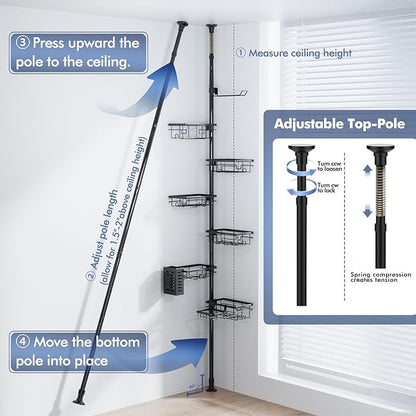 Shower Caddy Organizer Tension Pole, Rustproof 6-Pack Corner Shelf with 30-120 Inch Adjustable Shower Rack for Inside Shower,