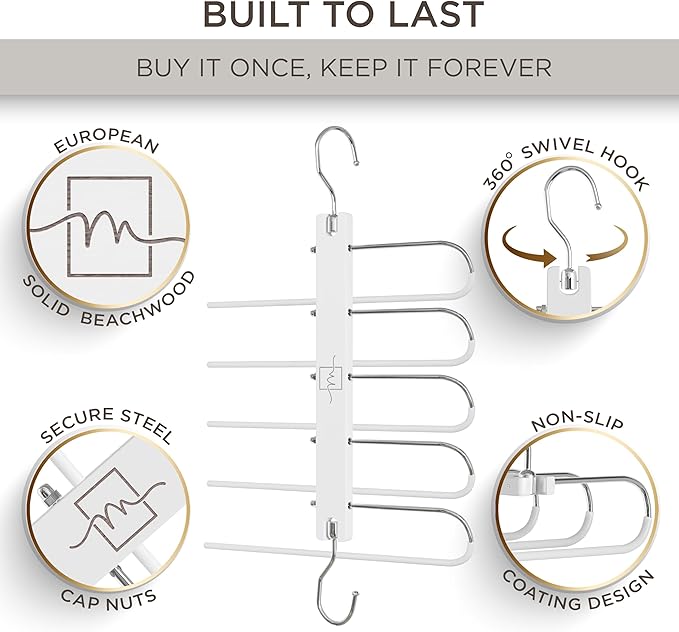 MORALVE Pants Hangers Space Saving - 2 Pack European Beechwood Scarf and Jean Hangers - Closet Organizer and Space Saver Pant